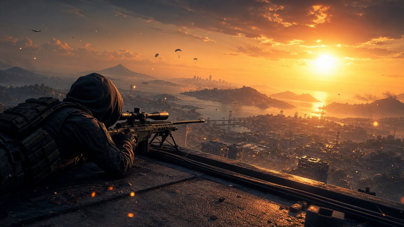 Sniper holding a rooftop angle at sunset